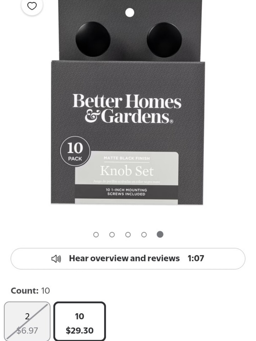 Better Homes & Gardens Matte Black Finish Knob Set 10 Pack